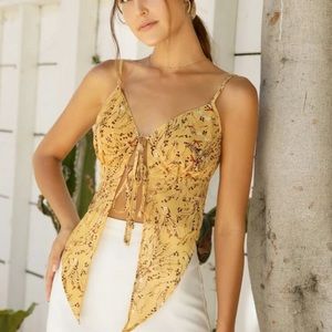 Tie front asymmetrical yellow floral cami crop top